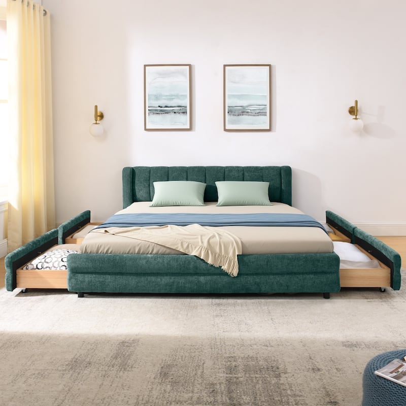 Thick Fabric Upholstered Bed Frame, Low Profile Storage Platform Bed with 4 Storage Drawers, Metal Legs and Wood Slat Support