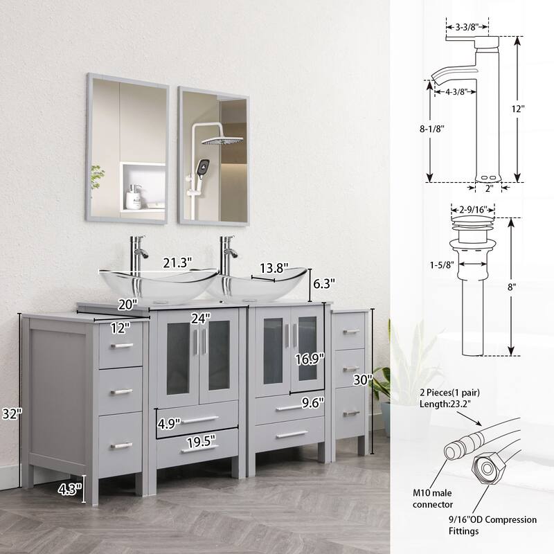 72" Bathroom Vanity Set Glass Ceramic Vessel Sink Side Cabinet Combo