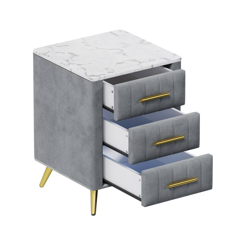 Upholstered Wooden Nightstand with 3 Drawers and Metal Legs&Handles, Bedside Table with Marbling Stickers Worktop