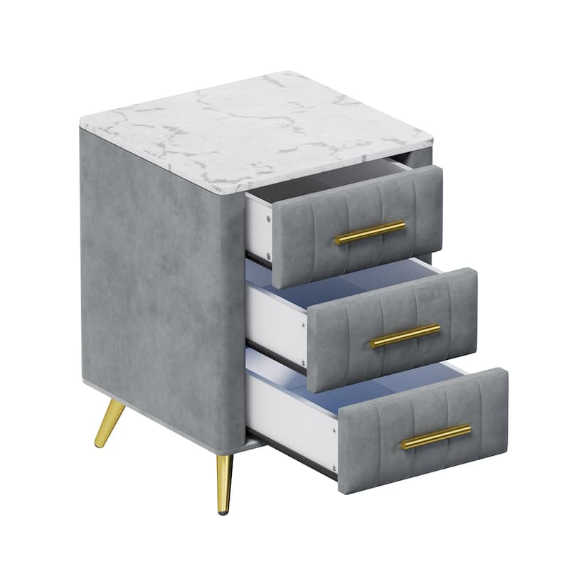 Velvet Nightstand with Storage, Round /Square Bedside Table with 3 Drawers, Metal Handles,Marbling Stickers Top
