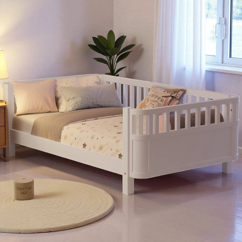 Wood Twin/Full Size Platform Bed with Safety Rails, Low Profile Kids Bed Frame for Girls and Boys - White - Full