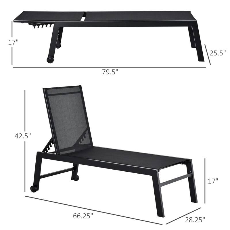 Outdoor Chaise Lounge, 5-Pos Recline, Wheels, Steel Frame, Breathable