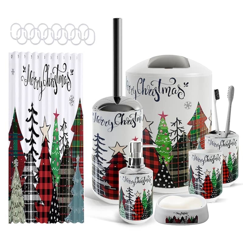 Empyrean Christmas Bathroom Set - Holiday Shower Curtain & Accessories with Soap Dispenser, Toilet Brush & Trash Can - Complete Set - Christmas