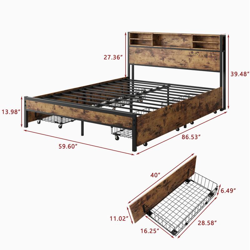 Queen Bed Frame with Built-In Storage and Charging Station