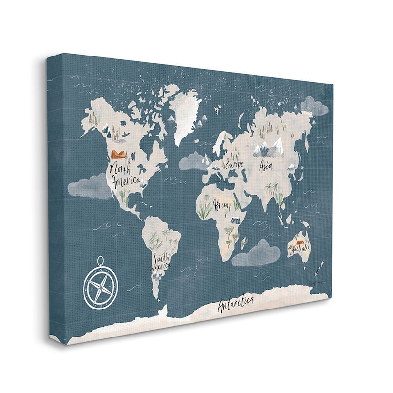Stupell Vintage Blue World Map Nautical Cloud Details Canvas Wall Art Design By Becky Thorns - 24 x 30