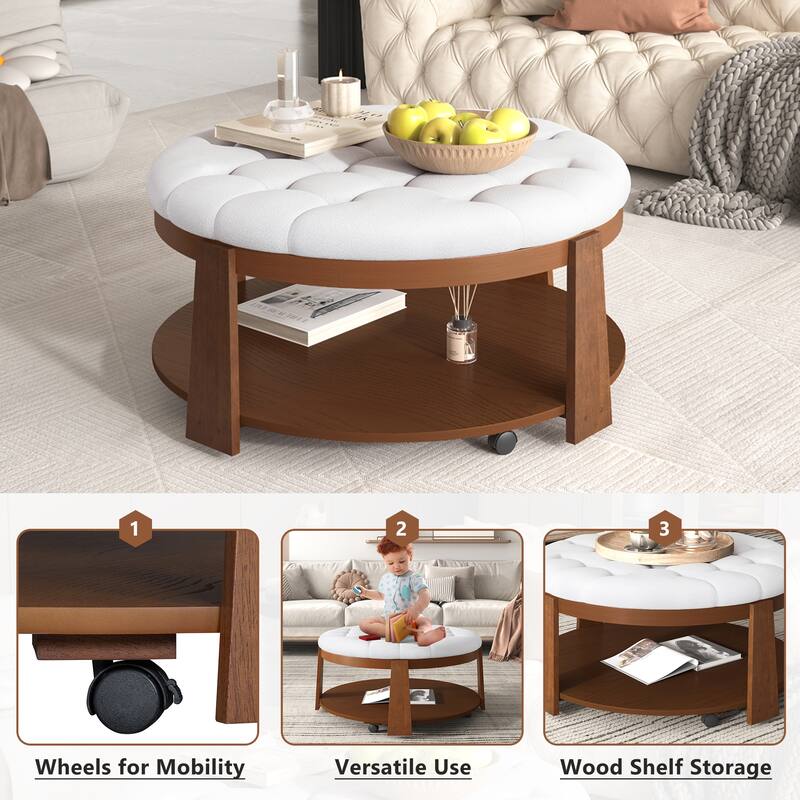 Modern Round Ottoman Coffee Table with Wood Shelf Storage Upholstered Coffee Table for Living Room Footrest Ottoman with wheel