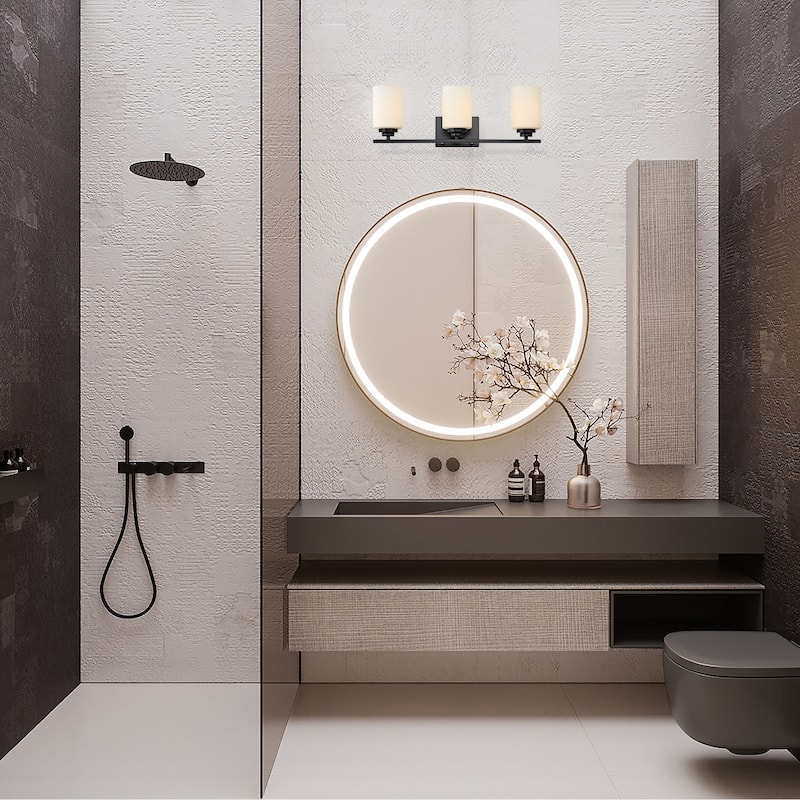 Matte Black 3-Light Vanity with Etched White Glass Shades