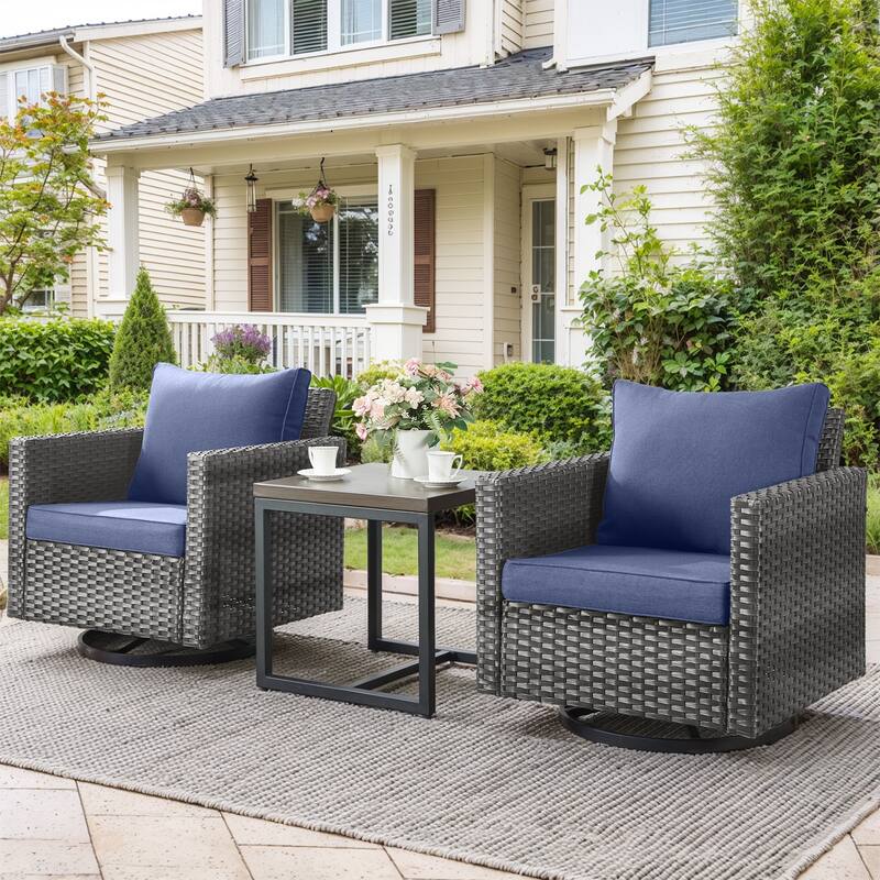 3 Pieces Outdoor Swivel Patio Chairs with Side Table - Grey - Blue