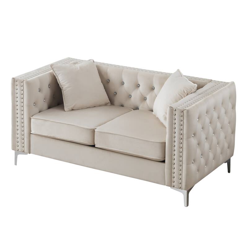 Tufted Diamond Button Velvet Loveseat with Throw Pillows - 63" - White