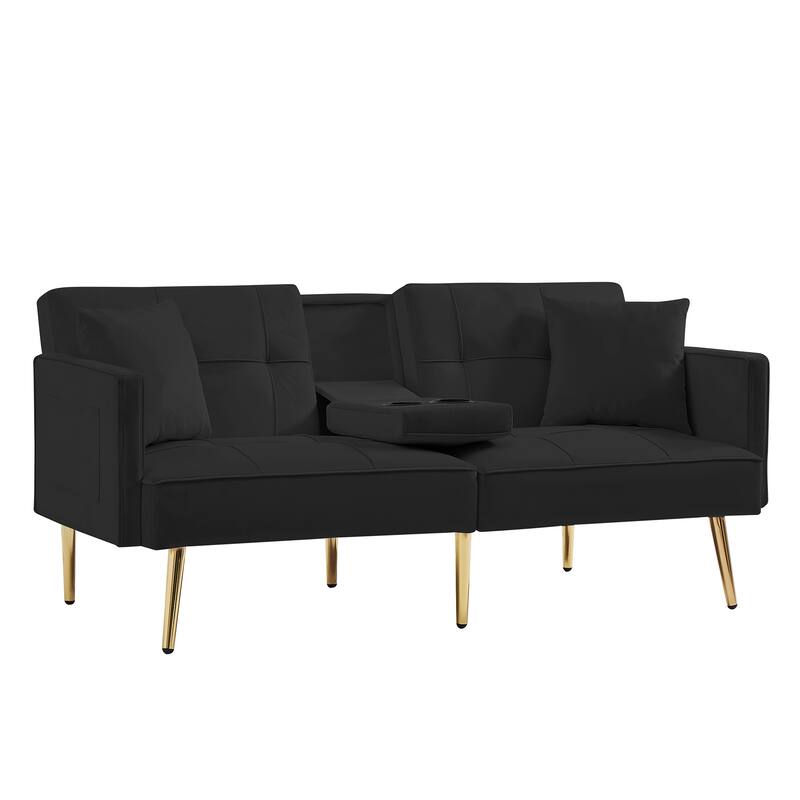Velvet Loveseat, Adjustable Backrest Futon Sofa Bed Recliner Sofa, 2-Seat Armchair with 2 Pillow and 2 Cup Holder, Pocket