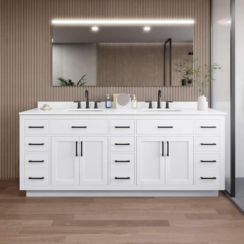 Wyndham Collection WCG262684D-QTZ-US3MXX Beckett TK 84" Free Standing - White / White Quartz Top / Matte Black Hardware