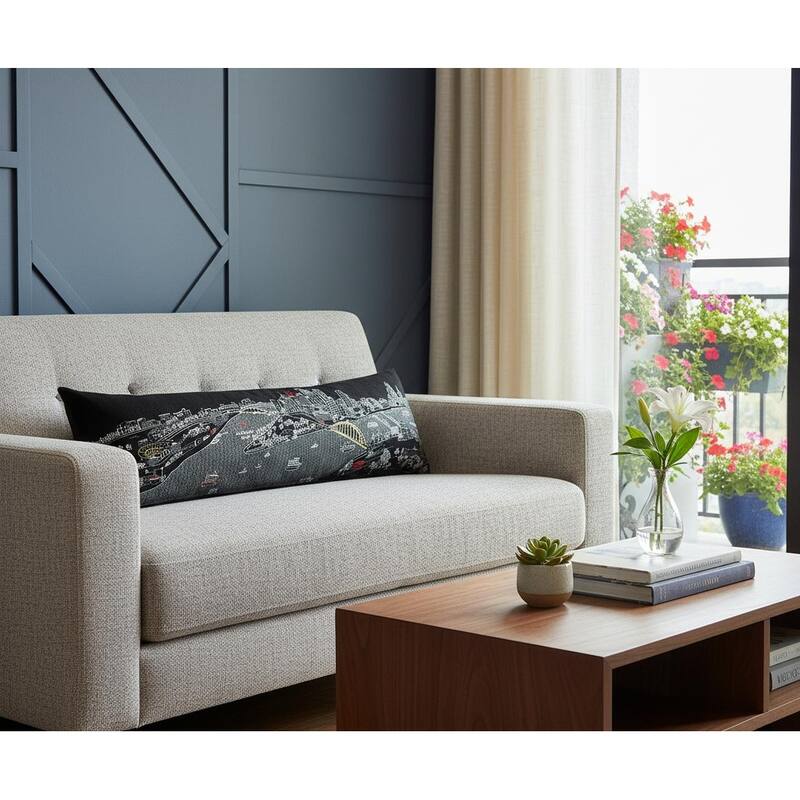 HomeRoots 14" X 46" Dark Gray And White Pittsburgh Nighttime Skyline Lumbar Decorative Pillow
