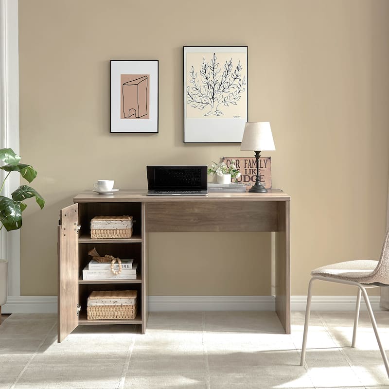 Wood Home Office Desk with One Cabinet Three Shelves and Faux Barn Door - Light Brown