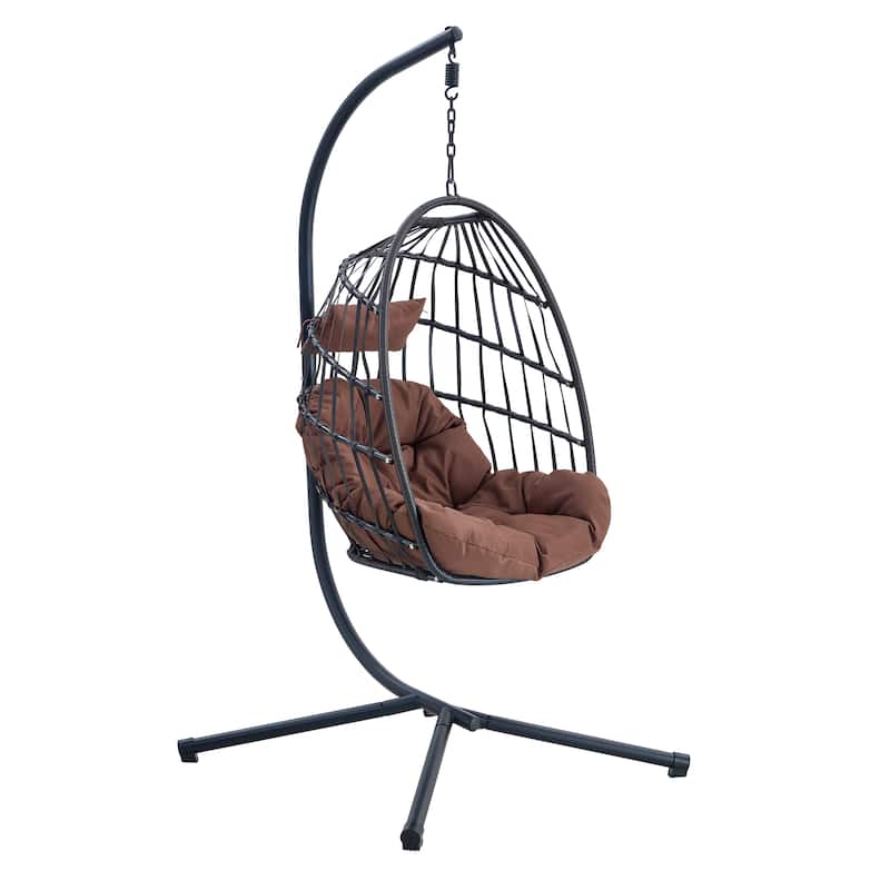 Heavy-Duty Iron Hanging Chair with Wicker Weave - Single Person Swing for Indoor/Outdoor - Black Brown