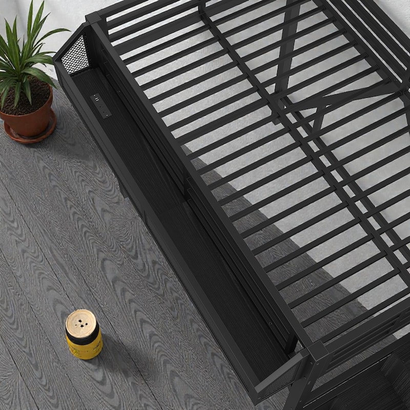 Metal Loft Bed with Storage Stairs, Wardrobe and Shelves, USB Ports and LED Lights, Noise Reduced Frame