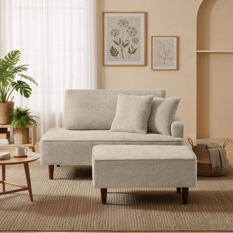 Indoor Chaise Lounge Chair with Ottoman Boucle Upholstered Chaise 2 Throw Pillows Included for Living Room Bedroom - Camel