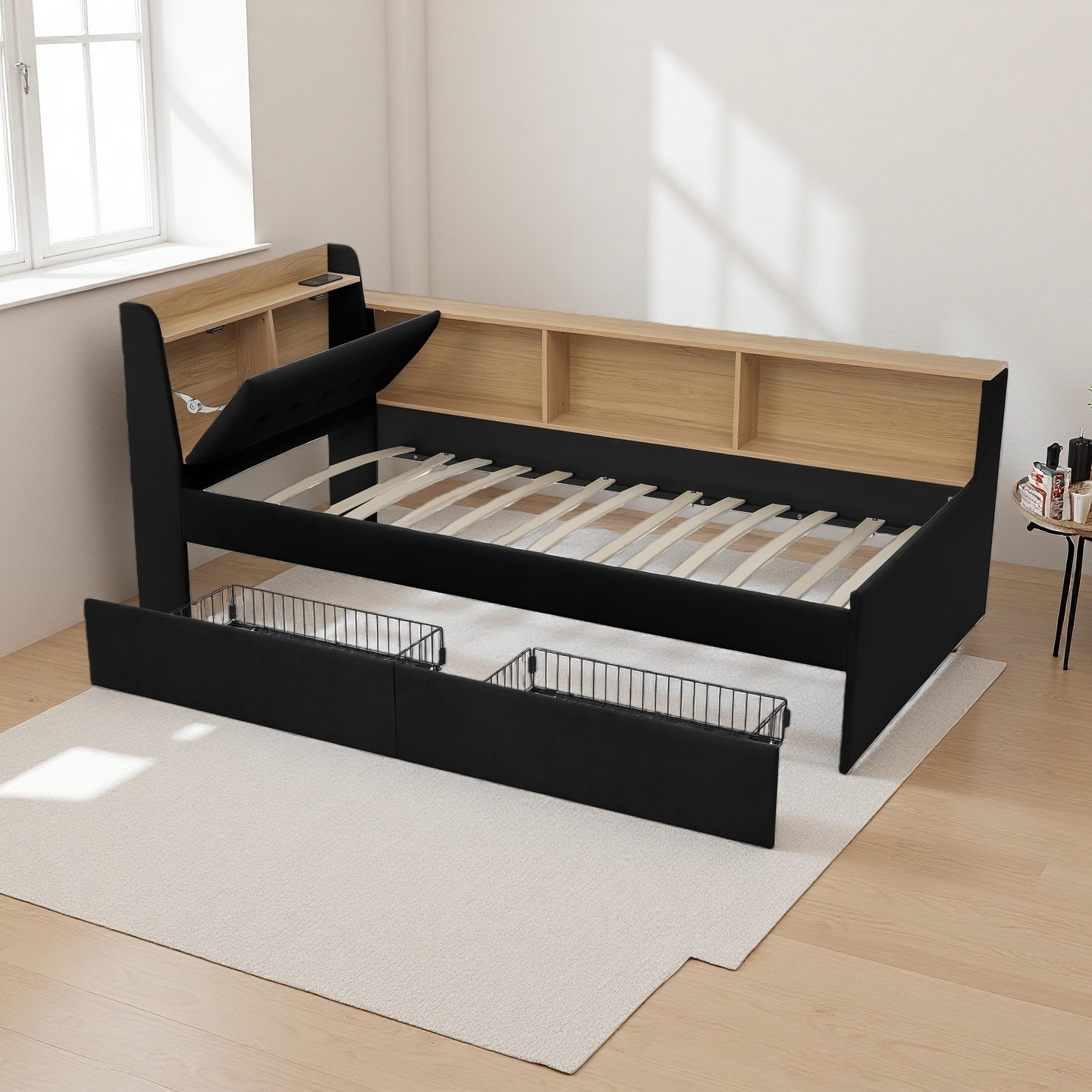 Twin Velvet Upholstered Daybed with Storage Headboard & LED Lights