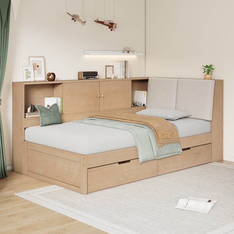 L-Shaped Daybed with Bookcase & USB Charging Port, Wood Floor Corner Bed Frame with Storage Drawers & Upholstered Headboard