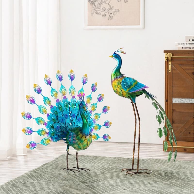Glitzhome Metal Standing Peacock Garden Statue with Stakes for Indoor Outdoor