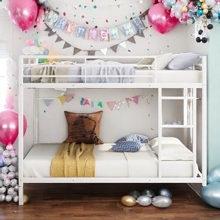 Full over Full Metal Bunk Bed, Low Bunk Bed with Ladder, White
