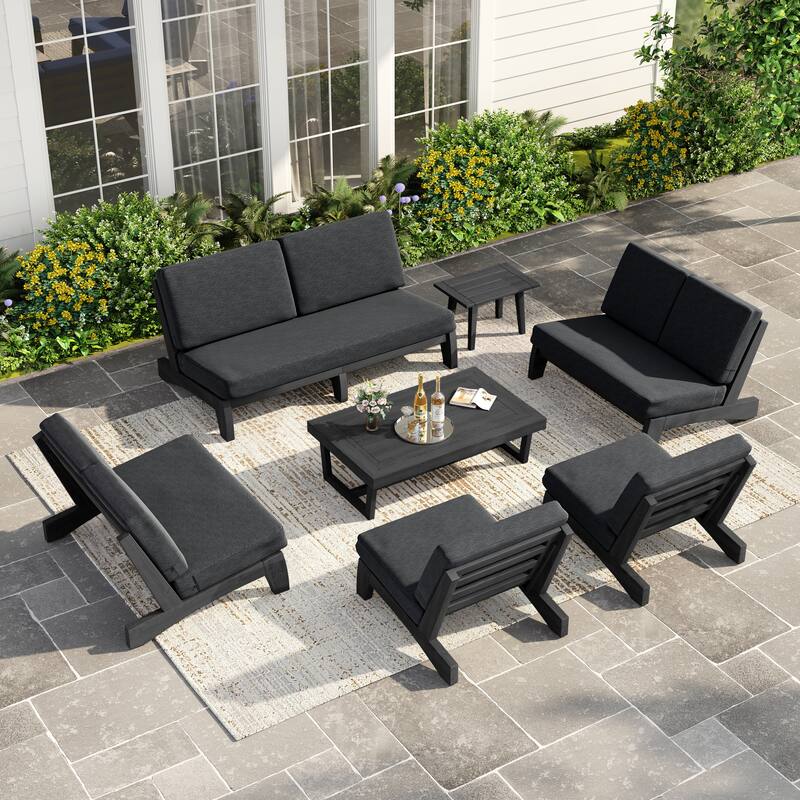 Casual Teak Wood Large 7-Piece Outdoor Patio Conversation Set - Dark Wood - Dark Grey