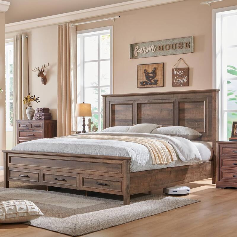 Farmhouse Queen Wood Bed Frame with 52" Tall Headboard & Footboard - Light Brown