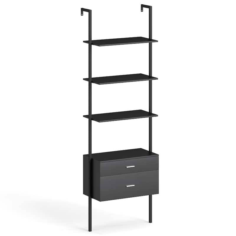 Black Engineered Wood Ladder Bookcase with Metal Frame and Drawers - 23.5" x 12" x 72.5" - Black