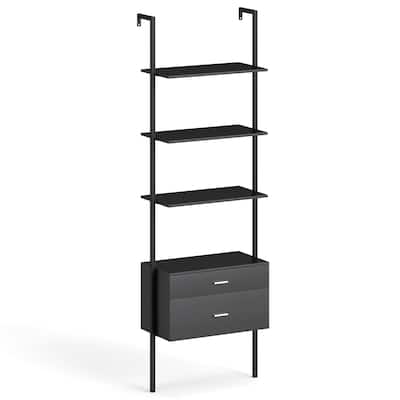 Black Engineered Wood Ladder Bookcase with Metal Frame and Drawers - 23.5" x 12" x 72.5"