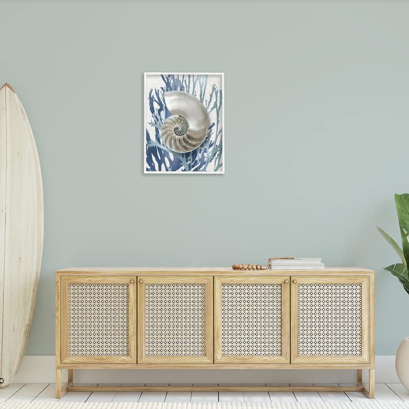 Stupell Shell Coral Beach Blue Design Framed Giclee Texturized Art by Caroline Kelly