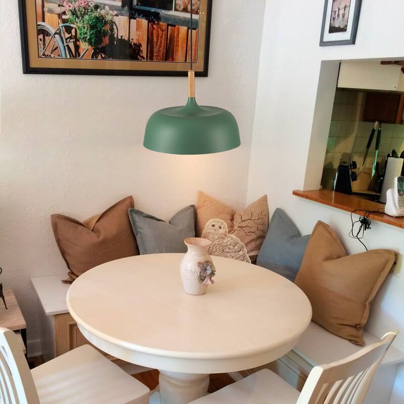 Modern 1-Light Green Dome Pendant Light with Decorative Wood Accent