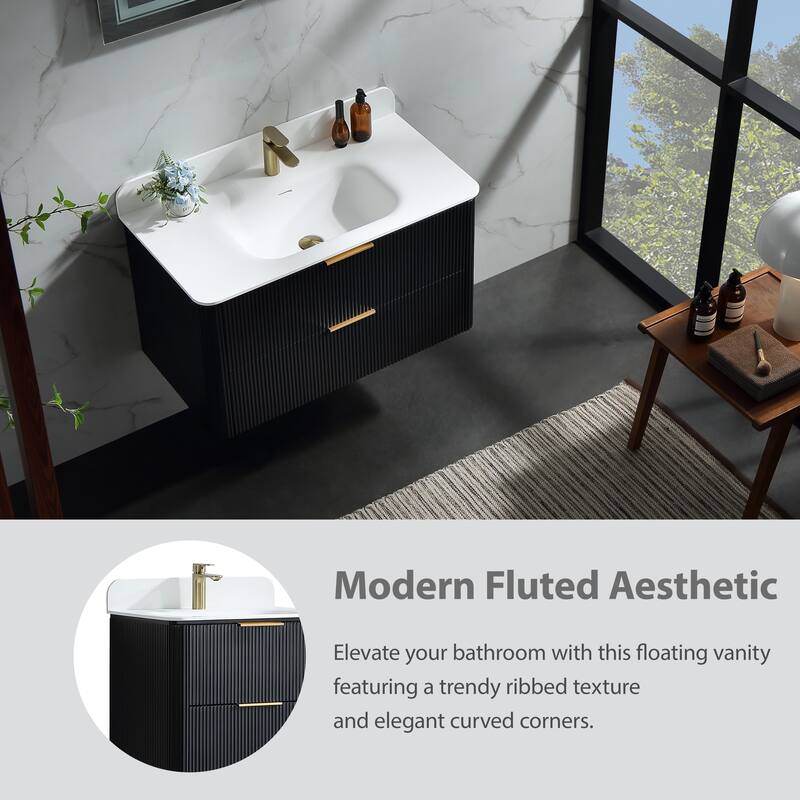 Modland Fluted Floating Vanity with Sink, Plywood Wall Mount Cabinet, Curved Edge, 24/30/36 Inch