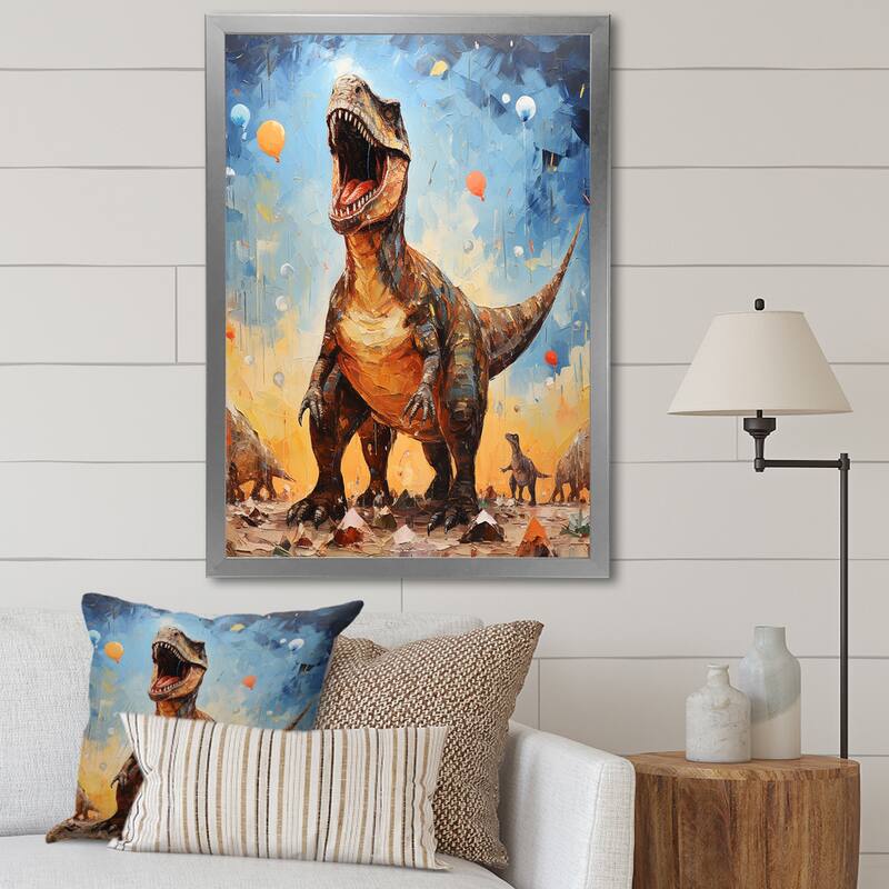 Designart "Pop Art Dino Explosion" Dinosaur Wall Decor Grey - Modern Hallway Framed Wall Art Decor - 34 in. wide x 44 in. high - Silver