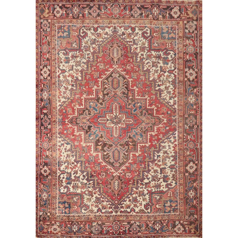 Hand Knotted Oriental 100% Wool Carpet Traditional Medallion Red Heriz Area Rug - 8' 11'' X 7' 7''