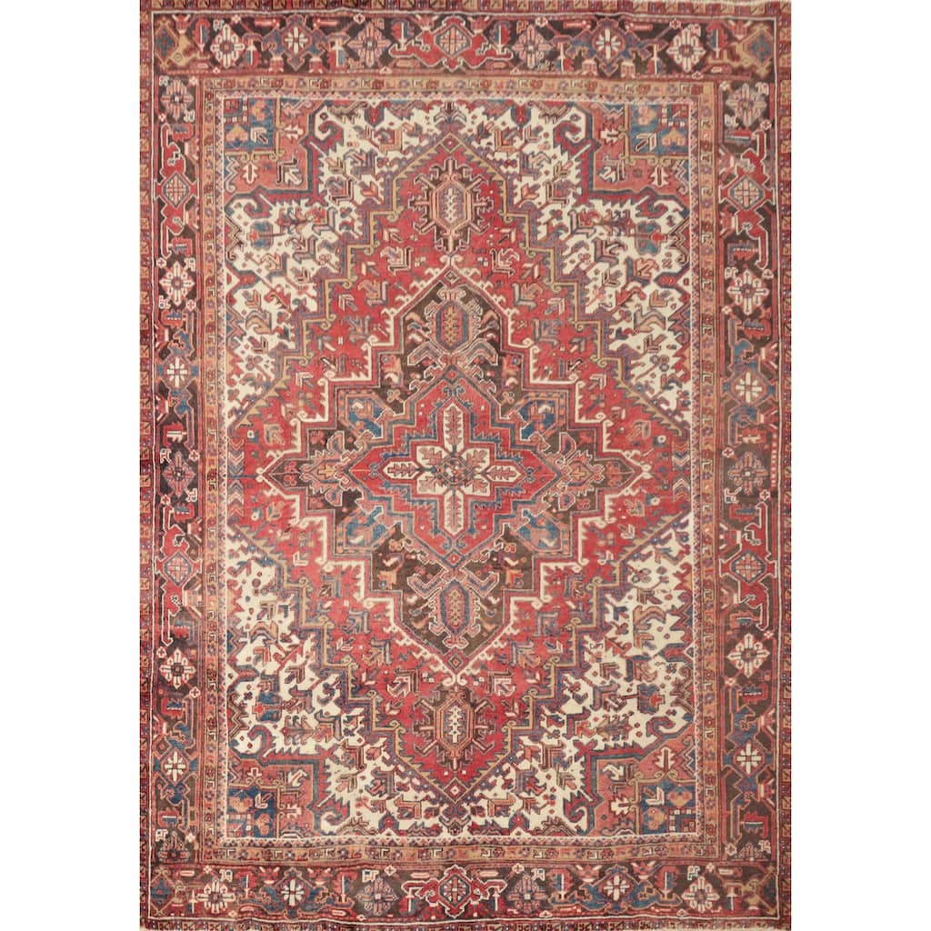 Hand Knotted Oriental 100% Wool Carpet Traditional Medallion Red Heriz Area Rug - 8' 11'' X 7' 7''