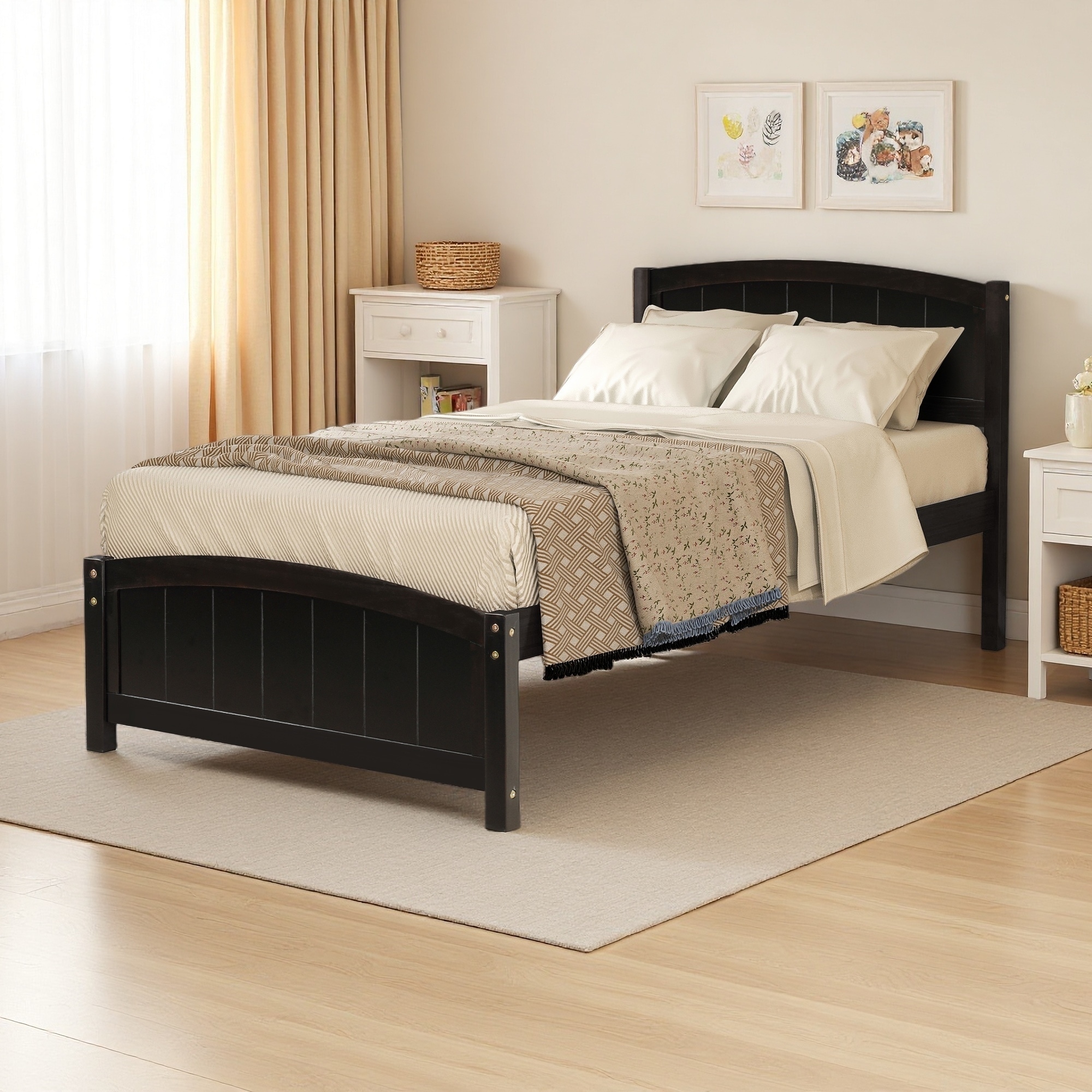 Twin Size Wood Platform Bed with Headboard & Footboard - Classic Stylish Design, Solid Construction, Stability, Easy Assembly