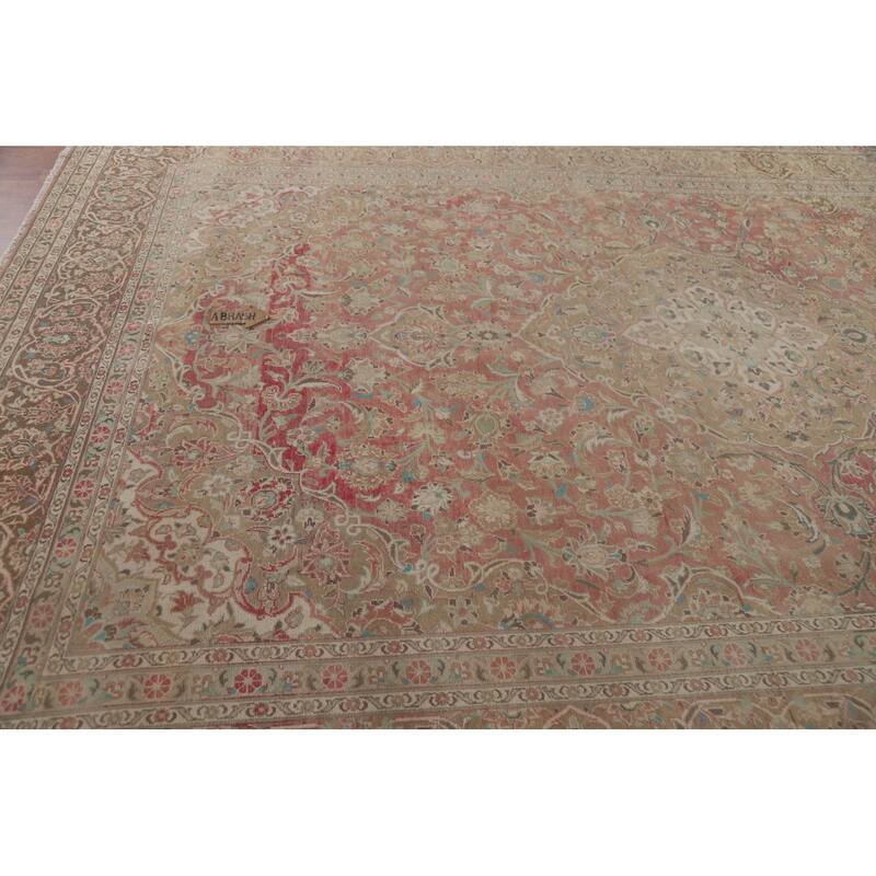 Hand Knotted Oriental 100% Wool Carpet Traditional Floral Pink Mashad Area Rug - 13' 9'' X 9' 7''