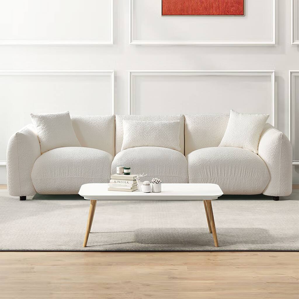 Beige 102.36'' Boucle Fabric Sofa with Pillows and Thick Cushion