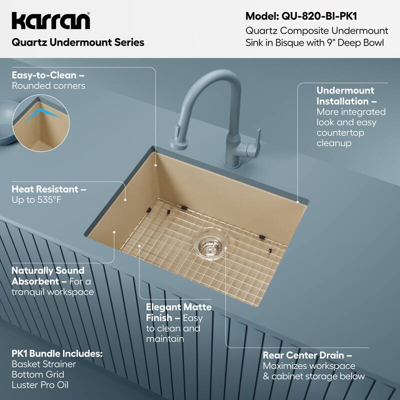Karran Undermount 24.38 in Single Bowl Quartz Kitchen Sink Kit