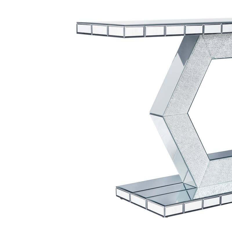 54.9" Modern Crystal Hexagon Mirror Console Table with Diamond Glass Effects