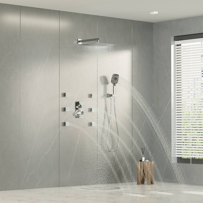 Wall Mount 12 Inch Rainfall Shower Head 3 Function Thermostatic Shower System with 6 Body Jets