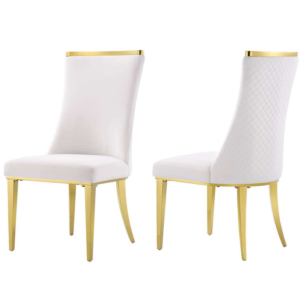 Luxurious White Velvet Upholstered Dining Chairs with Reticulate Texture Back and Polished Gold Metal Legs