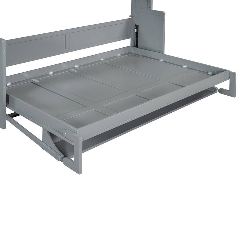 Full/Queen Size Wooden Murphy Bed with Desk, Foldable Murphy Bed Cabinet w/ Hydraulic Lift Design, Space Saving Murphy Chest Bed