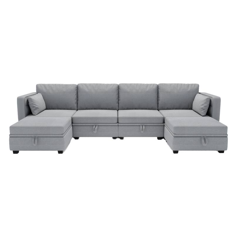 Linen Fabric U Shaped Modular Couch Set with Ottomans and Storage Seats
