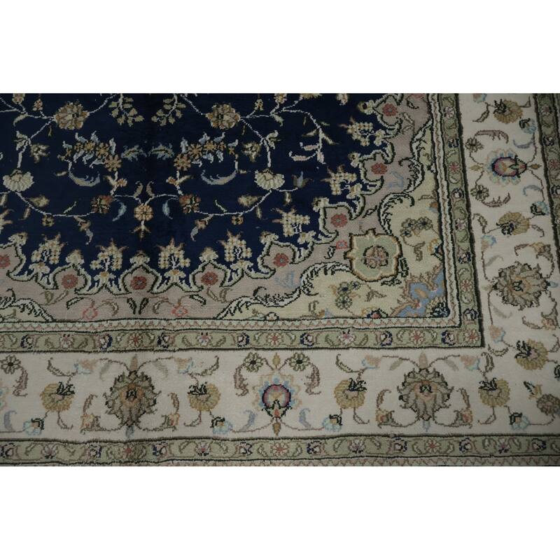 Hand Knotted Oriental Silk Carpet Traditional Floral Navy Blue & Blues Kashmar Area Rug - 7' 10'' X 5' 0''
