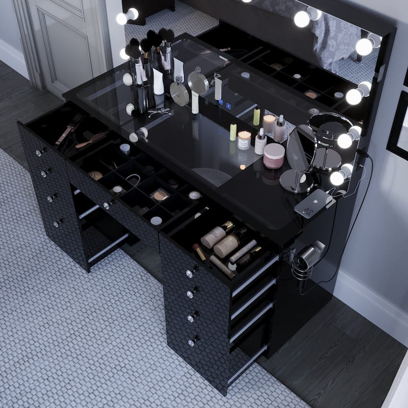 Boahaus Premium Makeup Vanity Desk Full-Width LED Mirror, Bluetooth Speakers 11 Drawers