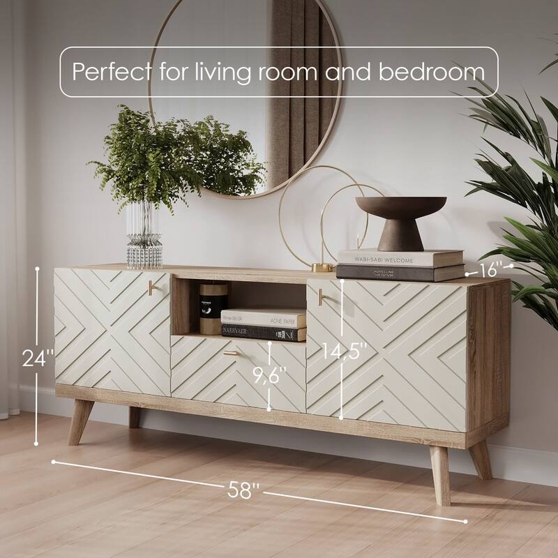 Living Skog Alba Beige TV Stand Console with Drawer Fits TV's up to 65 in. with Wood Legs Mid Century Modern Design