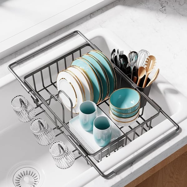 Dish Drying Rack in Sink - Expandable Stainless Steel Dish Rack - 9.8"D x 15.4"W x 3"H - Gray