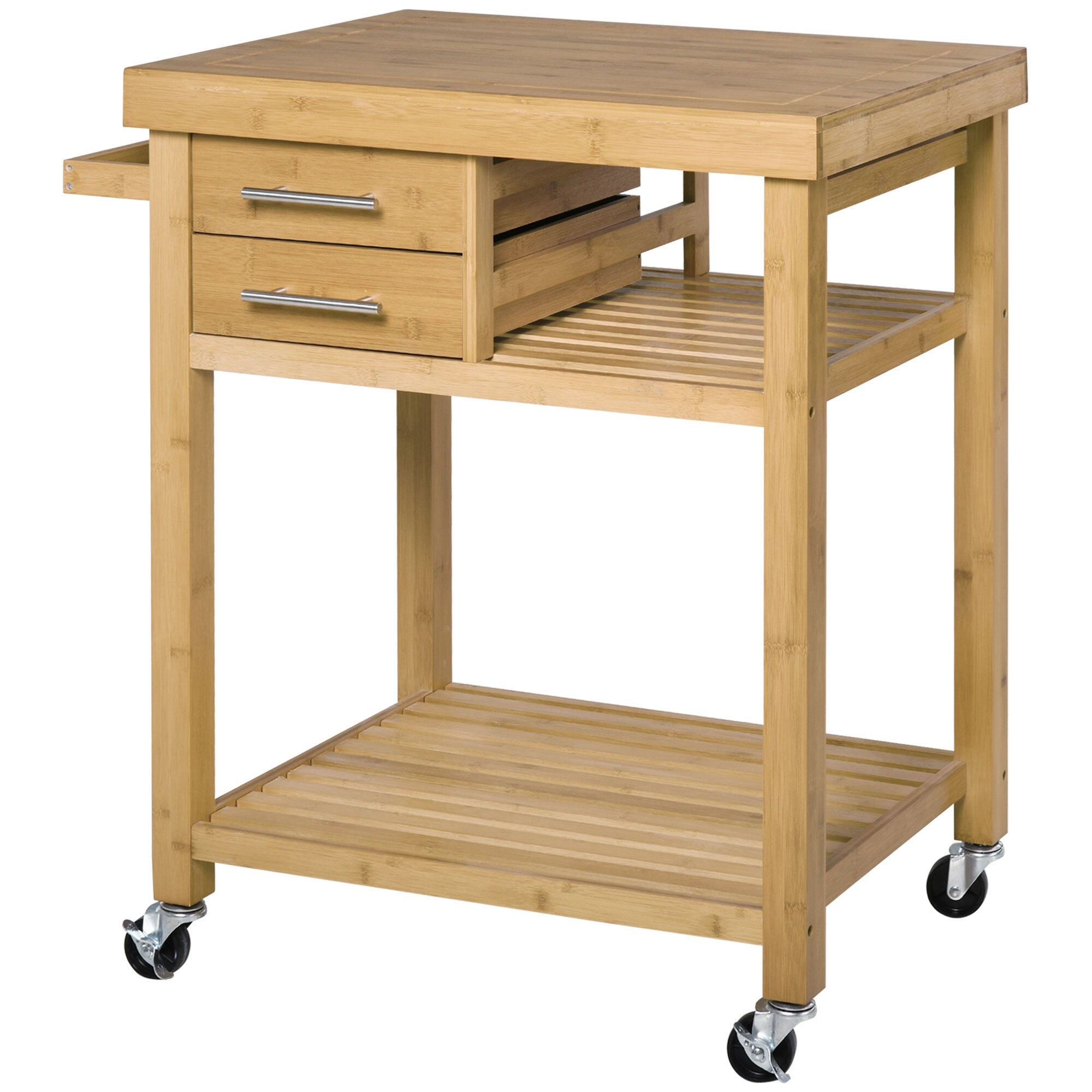 Bamboo Kitchen Island Cart on Wheels with 2 Drawers and Open Shelves