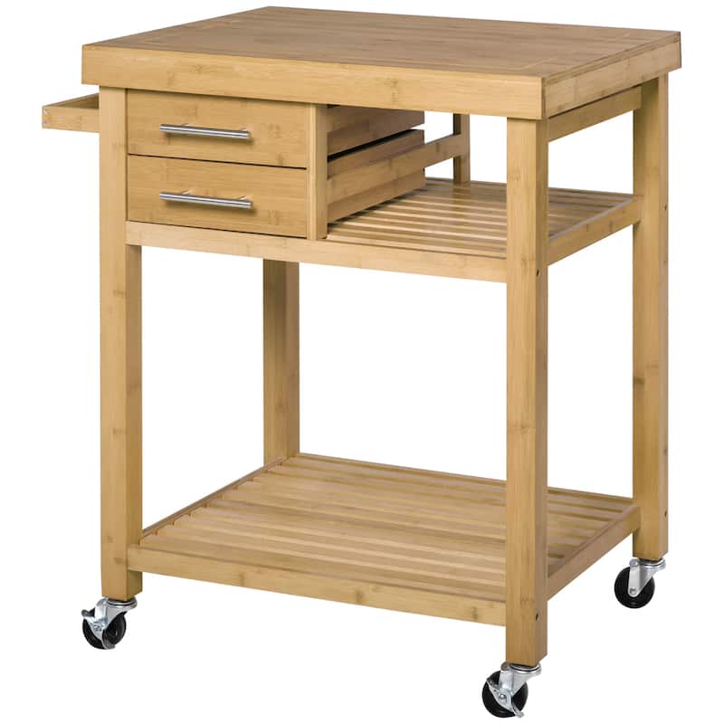 HOMCOM Bamboo Rolling Kitchen Island Trolley Utility Cart with Rolling Wheels, 2 Storage Drawers & Adjustable Shelving - Portable - Vintage Natural - Wood