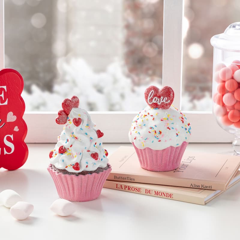 Glitzhome Set of 2 Valentine's Resin Cupcakes Table Decor